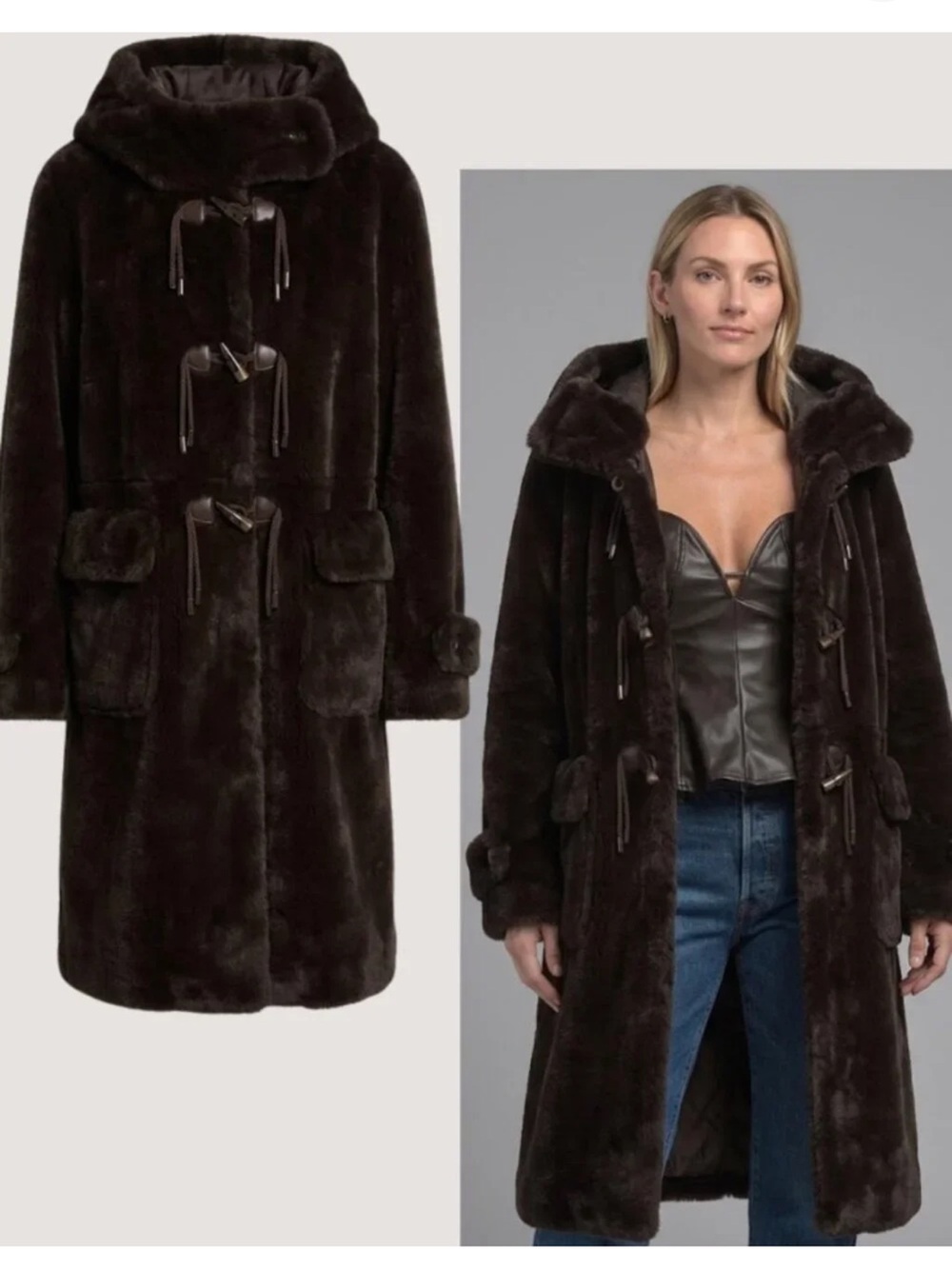 NWT 🤎 KOBI HALPERIN Luxury Dark Brown Faux Fur Toggle Coat with Hood